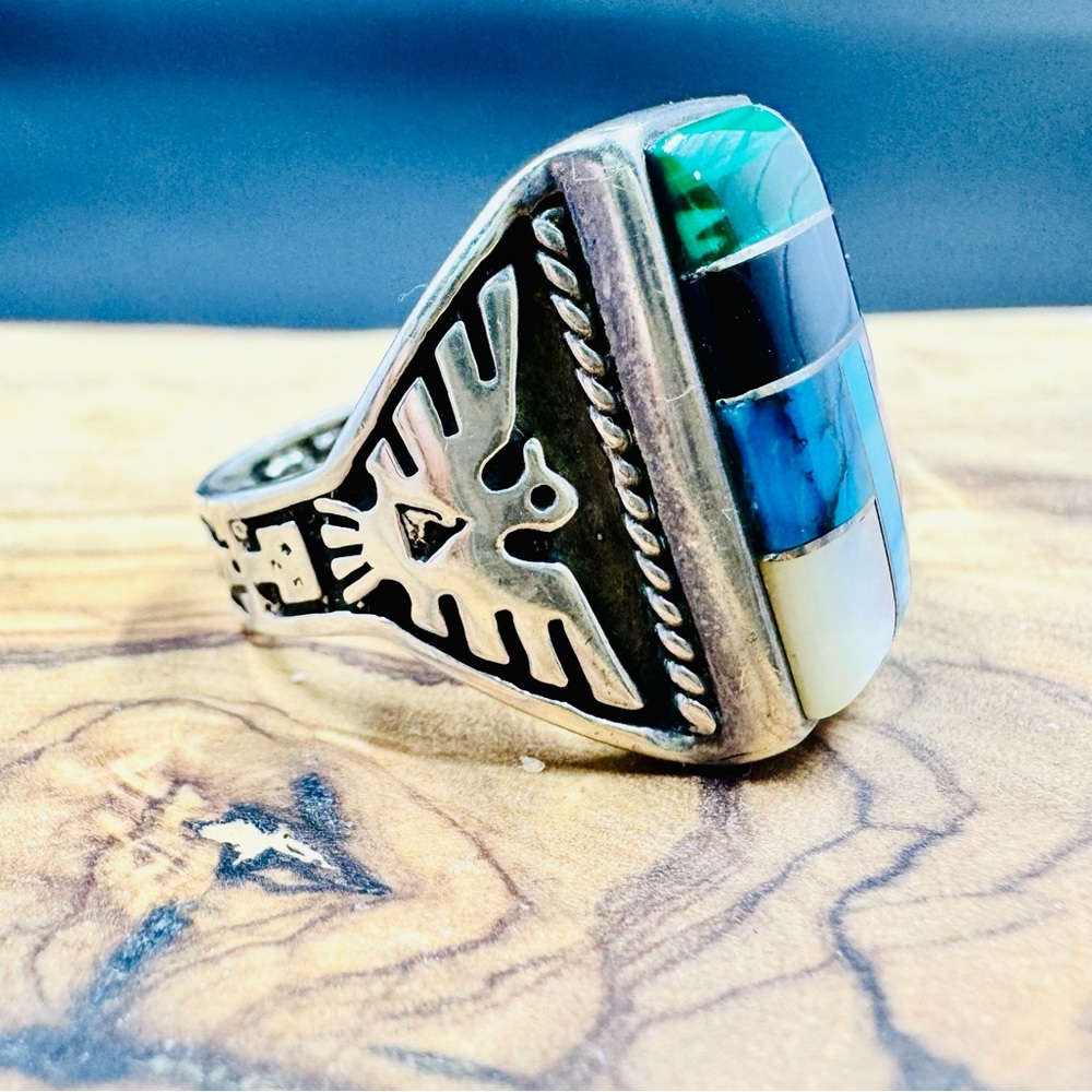 Antique Zuni MOP Turquoise Jasper Carnelian Lapis Malachite IObsidian Ring - Picture 4 of 8